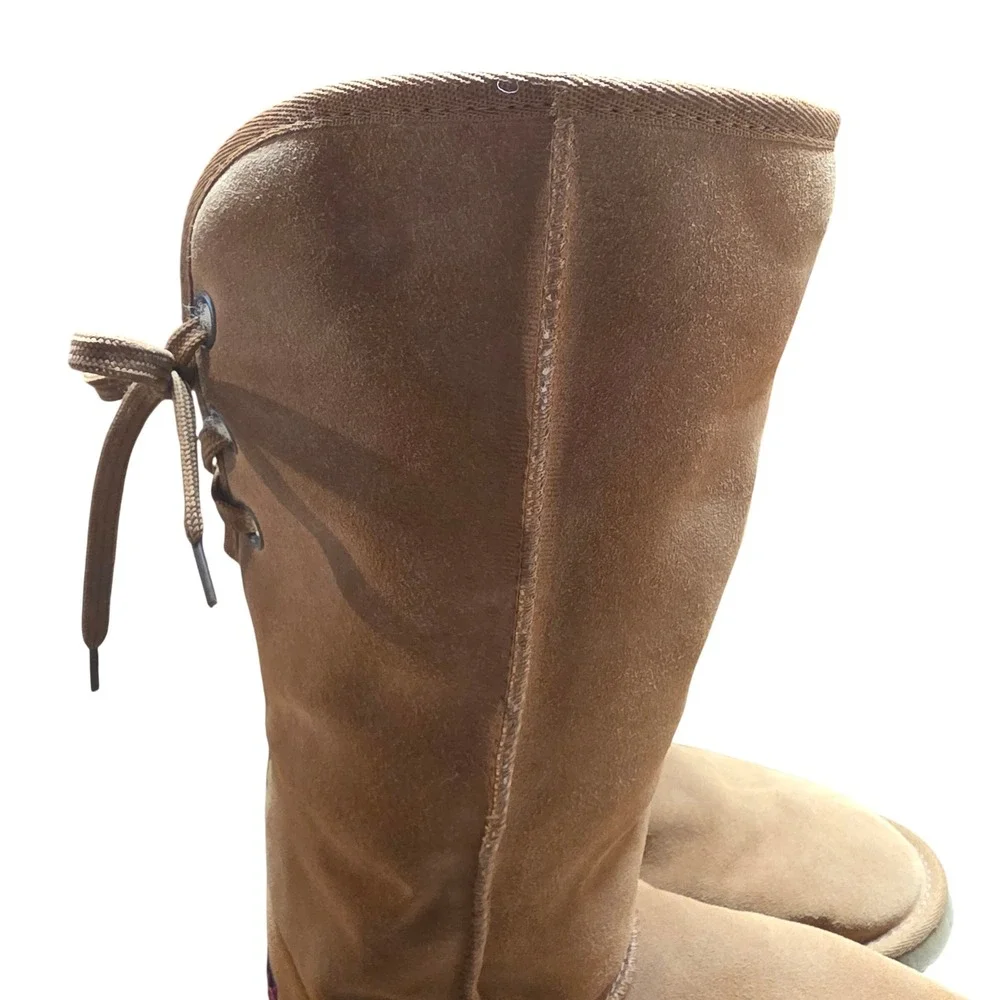 Ukala Sydney Women 8 Tall Suede Sheepskin Boot Tan Lace Up Back Merino Wool